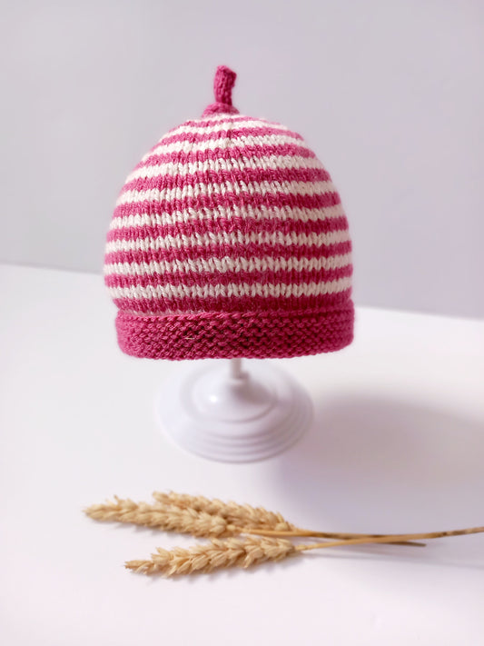 Hand knitted wool hat (Berry and cream stripey)