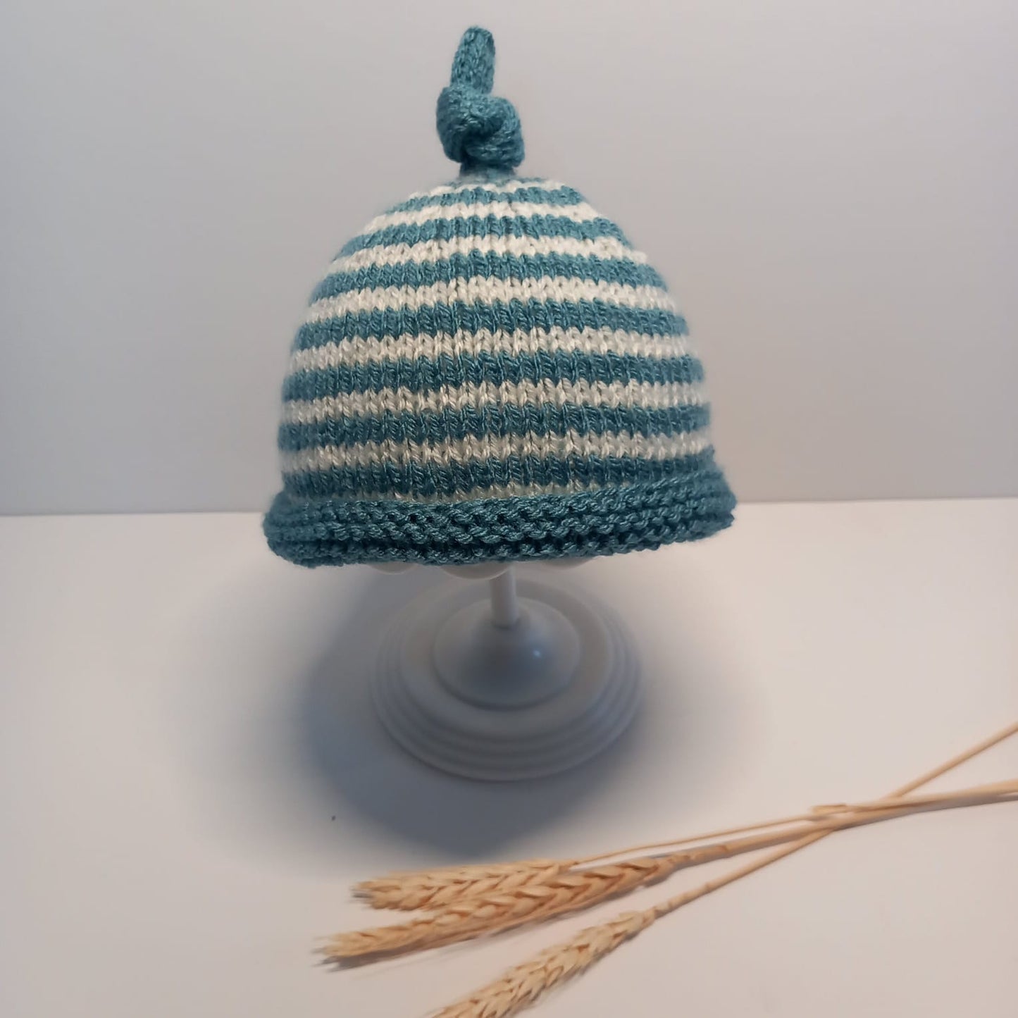 Hand knitted wool hat (Petrol Blue stripey)