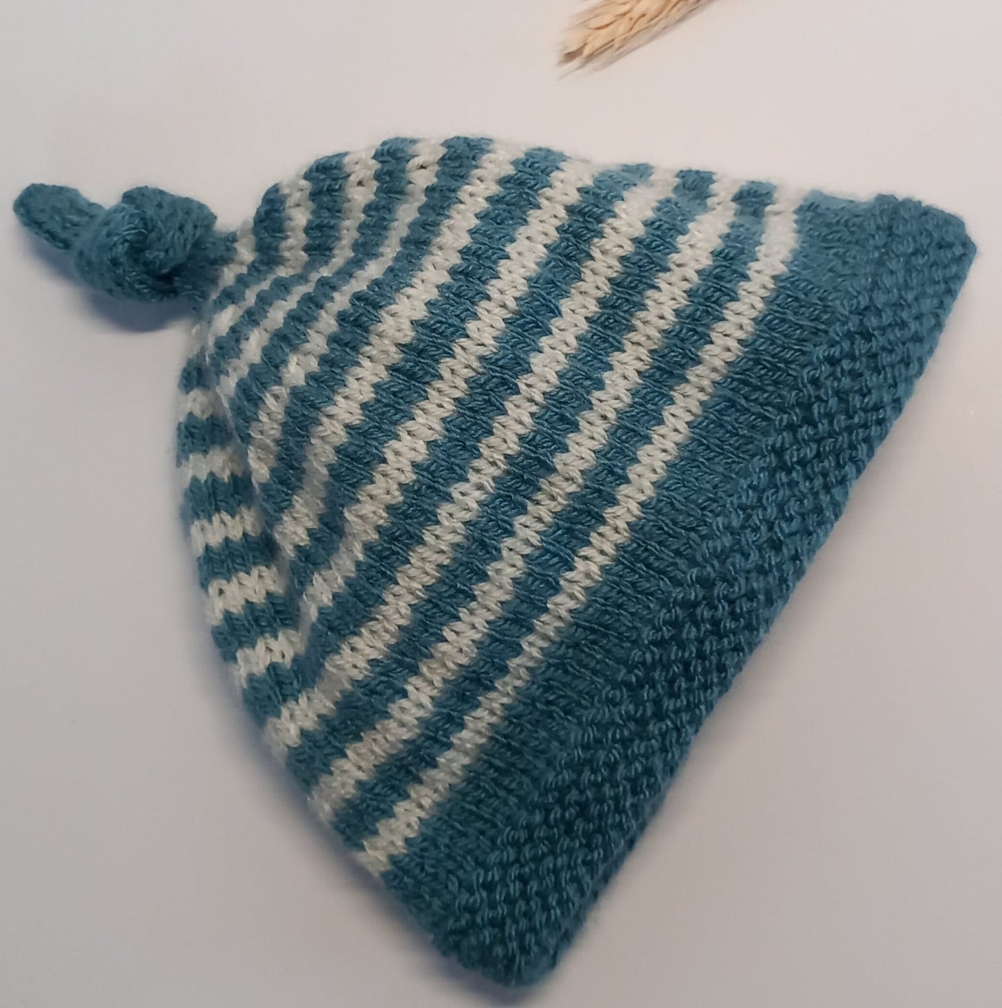 Hand knitted wool hat (Petrol Blue stripey)