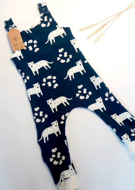 Snow leopard dungaree romper